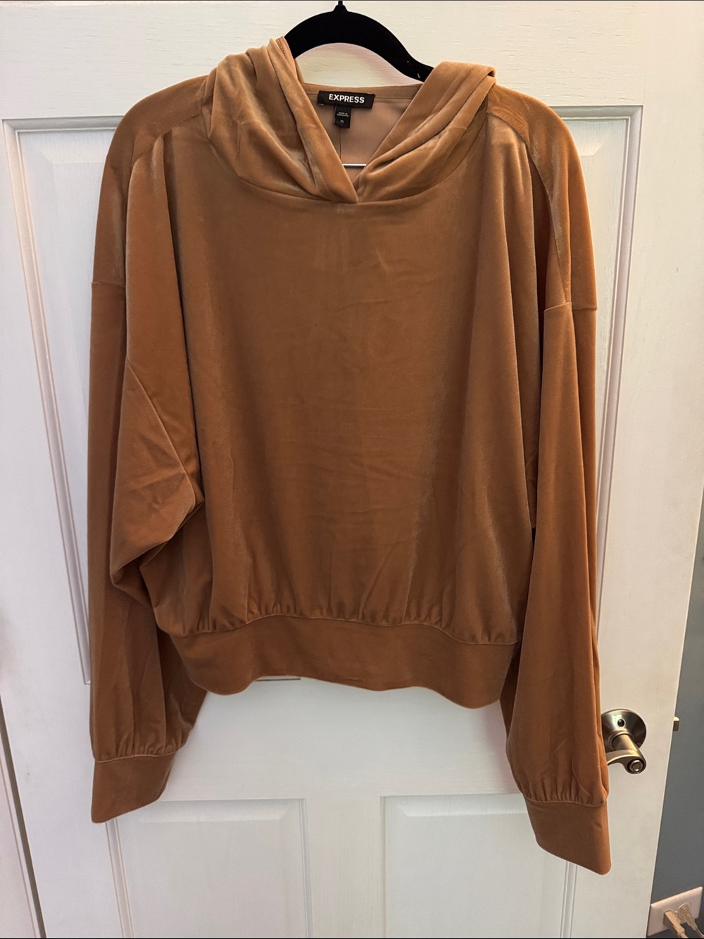 Express Women’s Velour Crewneck Pullover Hooded Sweater - Camel Brown - Size XL